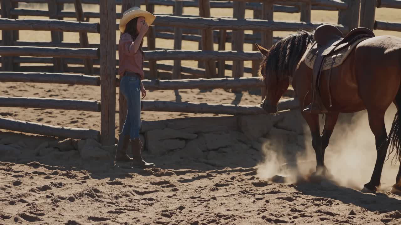 Cowgirl con cavallo in un ranch
