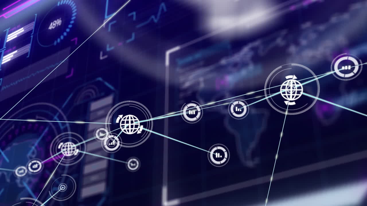 Network connections and data processing animation over digital screens and graphs