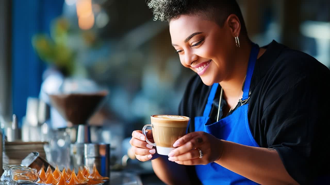 Joyful Barista Crafting Art in a Cup: A Beautiful Journey from Brewing to Serving, Capturing the Essence of Coffee Culture Through Passion and Skill in Every Sip