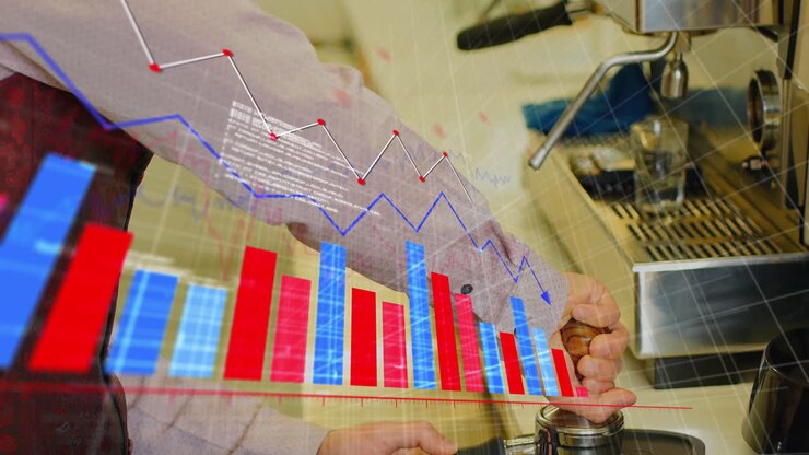 Barista hands tamping with tamper into portafilter under espresso head overlaying finance in 3D art