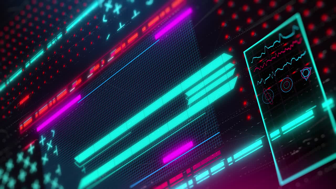 Retrowave style computer screen interface. Futuristic hud 3d loop animation.