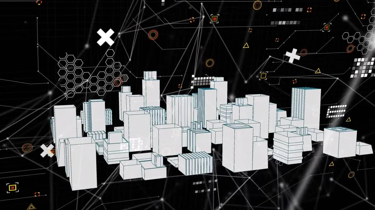 animación de la red de conexiones sobre el paisaje urbano en 3d