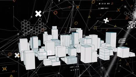 animación de la red de conexiones sobre el paisaje urbano en 3d