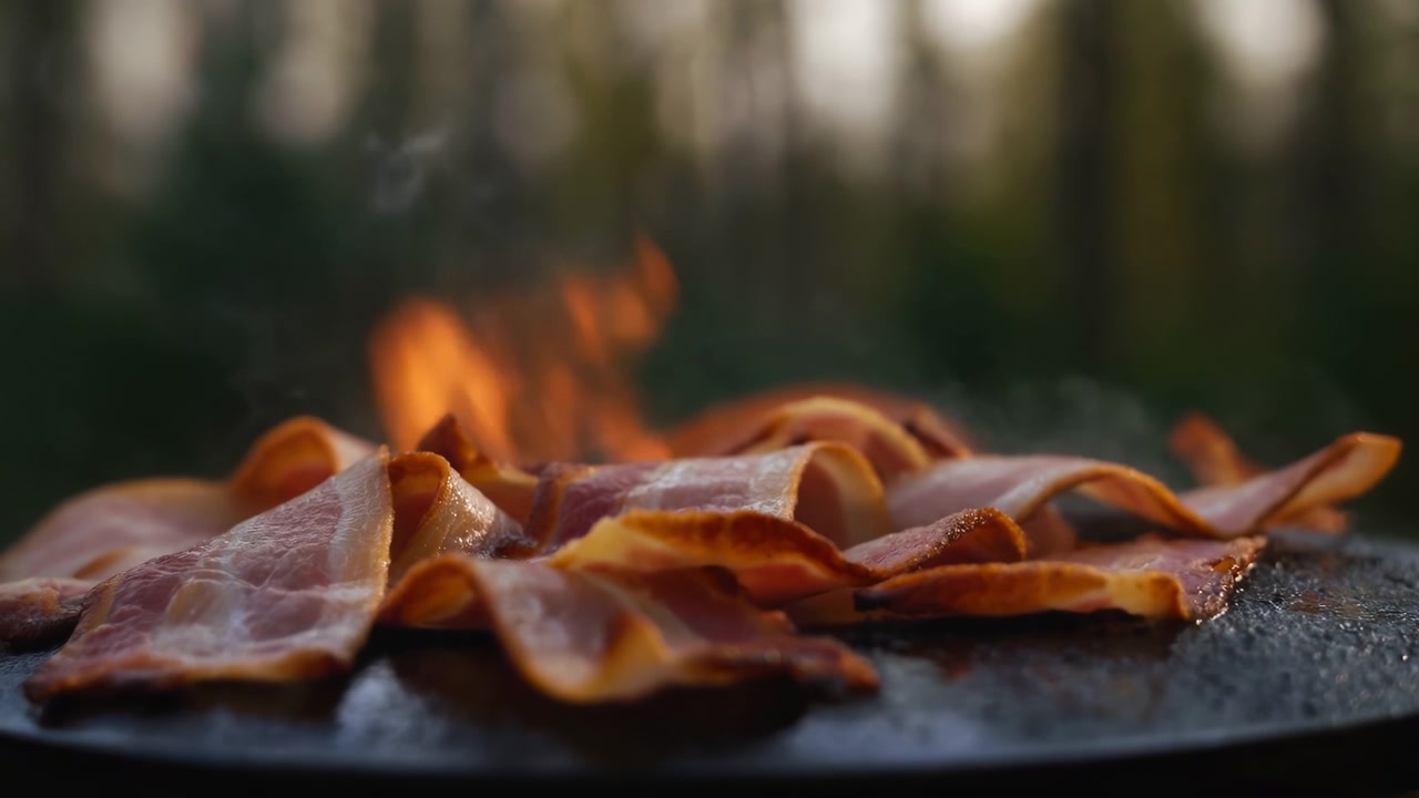 Primo piano di strisce di pancetta che cuociono in una padella di ghisa calda con una fiamma visibile, luce naturale calda e uno sfondo esterno leggermente sfocato.