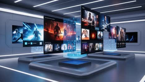 showcasing an innovative digital media interface with dynamic visuals and engaging content displays in a modern high-tech environment