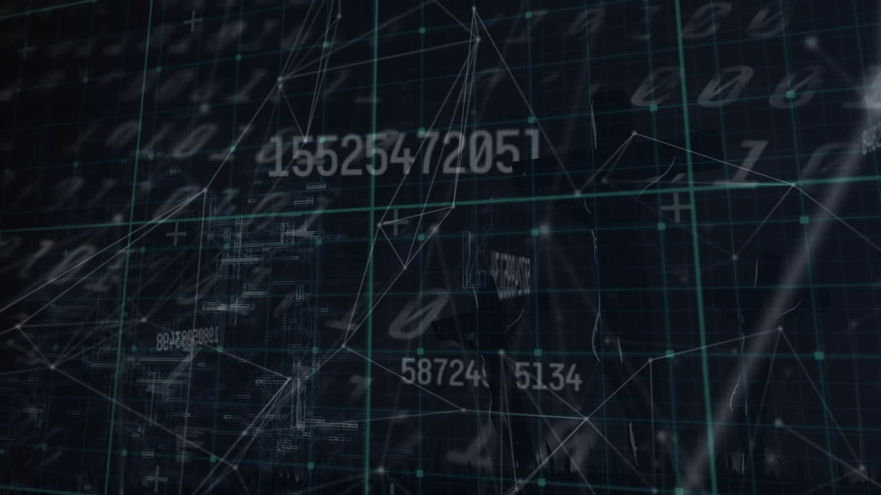 animación de números, códigos binarios, procesamiento de datos con puntos de conexión en la interfaz digital