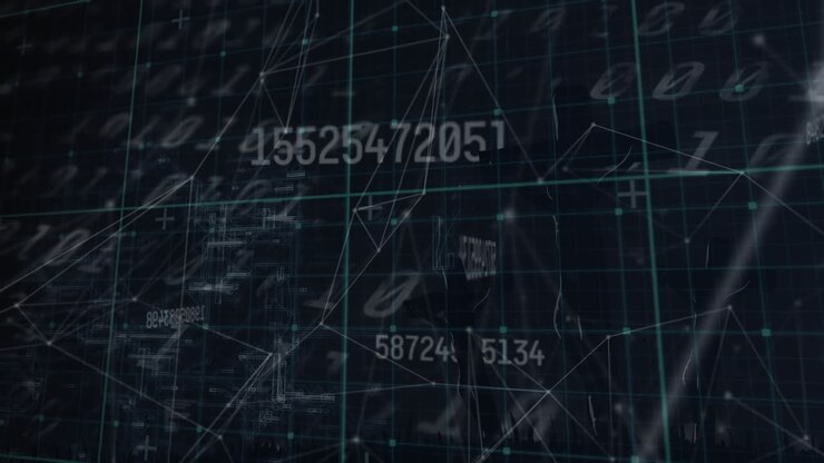 Animation af tal, binære koder og databehandling med forbindende prikker på en digital grænseflade.