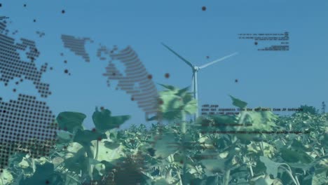 animation of globe and data processing over wind turbines