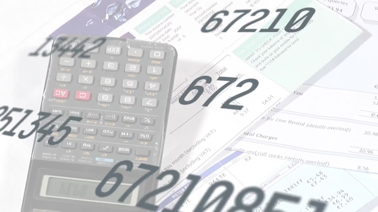 Digital composite video of multiple changing numbers against person using calculator