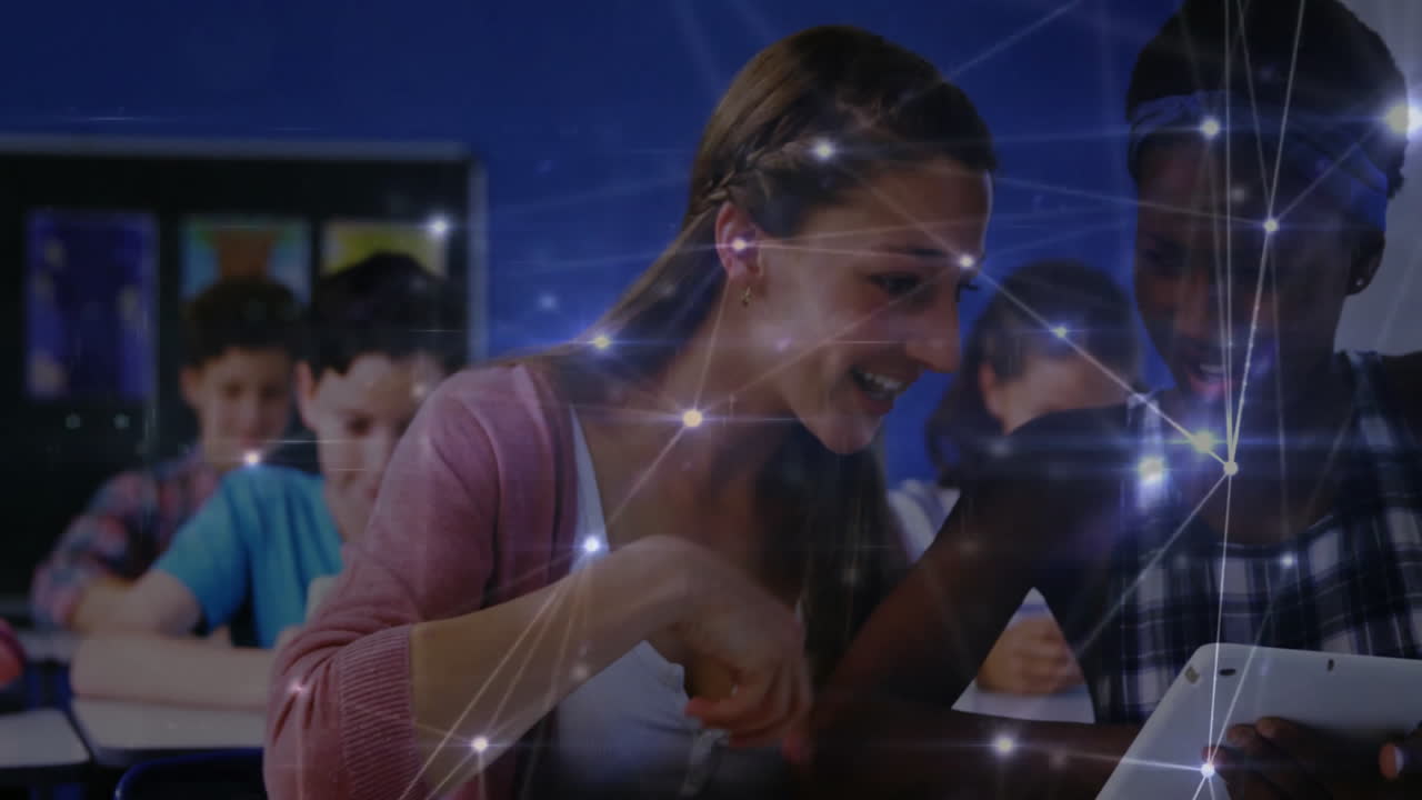 학교에서 네트워크 연결과 데이터 공유 애니메이션을 가진 태블릿을 사용하는 학생