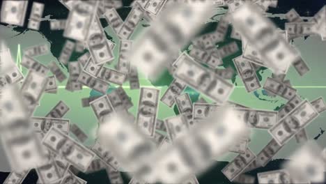animación de billetes de dólares estadounidenses flotando sobre el mapa del mundo