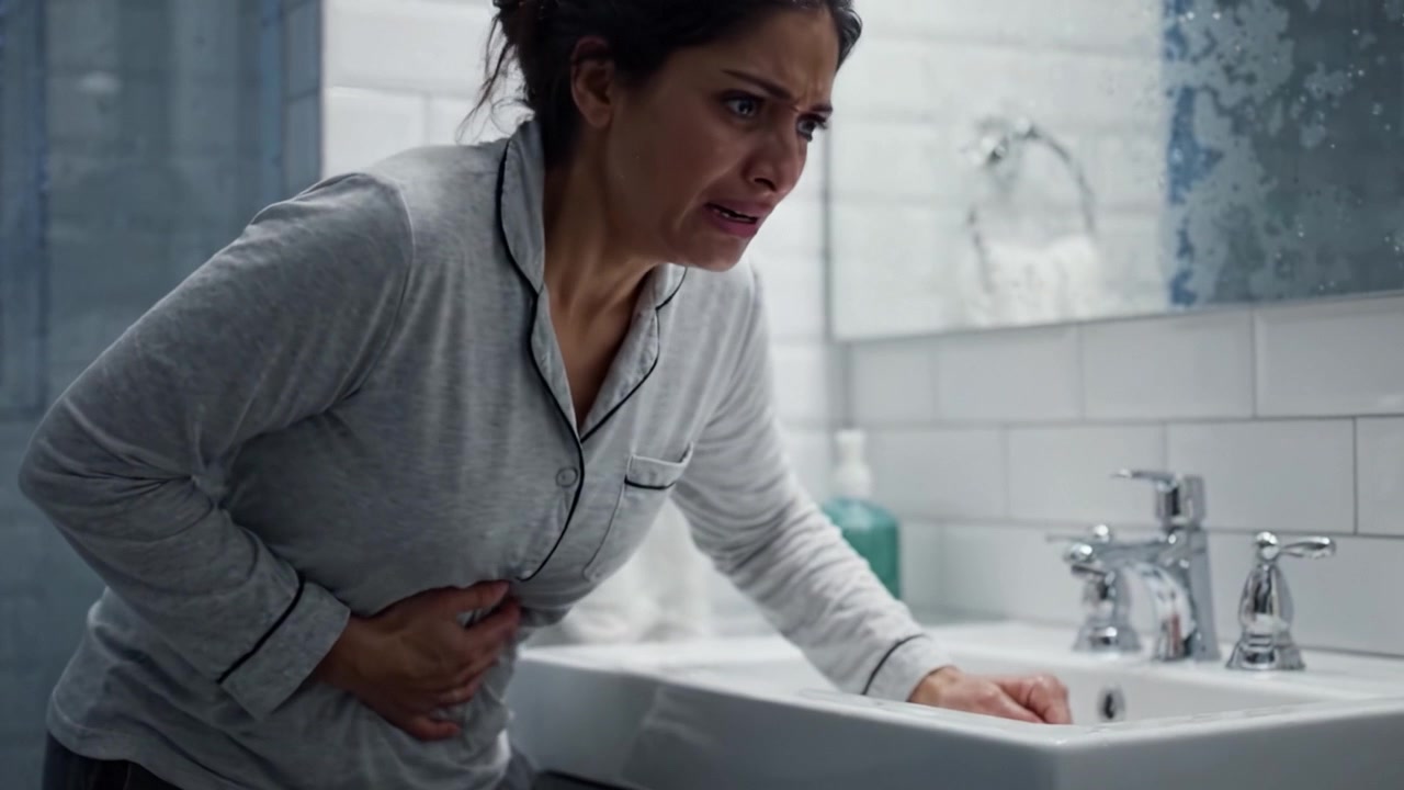 A woman experiences intense abdominal pain in a modern bathroom, gripping the sink for support while expressing deep distress and anguish.