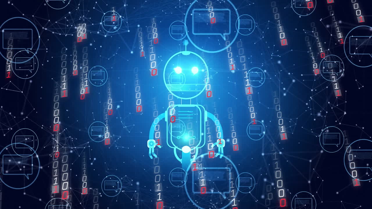 Animation of ai chat bot with binary coding and data processing