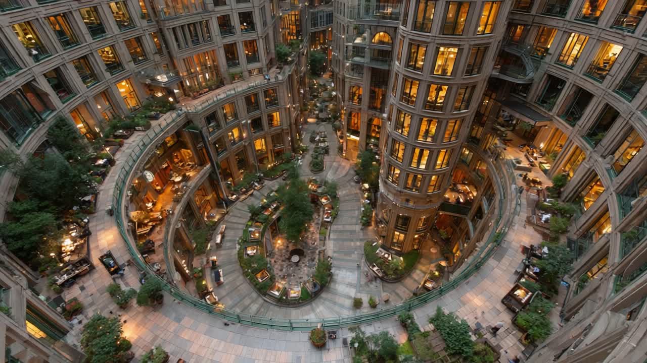 Aerial View of a Stunning Modern Courtyard with Lush Indoor Gardens, Elegant Architecture, and Warm Glowing Lights Creating a Serene Atmosphere