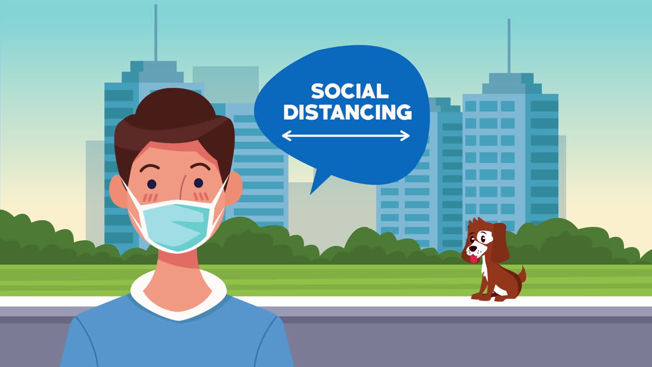 social distancing campaign with man using face mask on the street