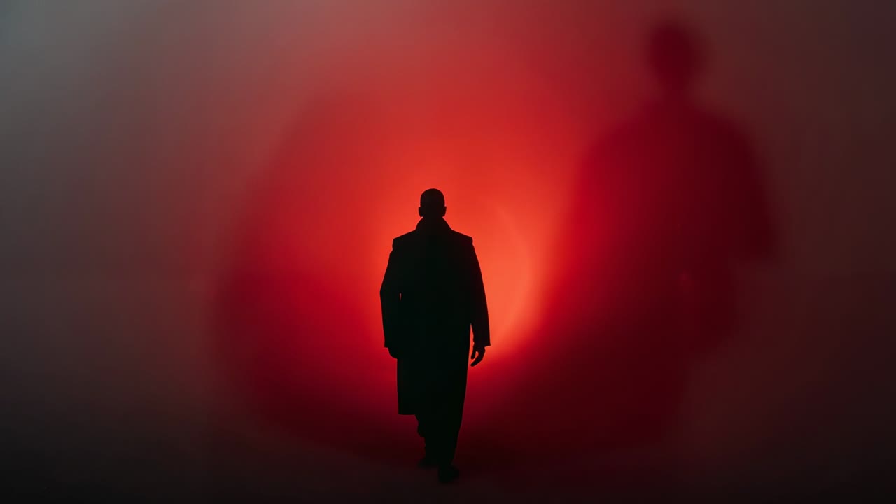 Activating red halo, lone male walking toward lens in hazy studio long dark coat casting shadow