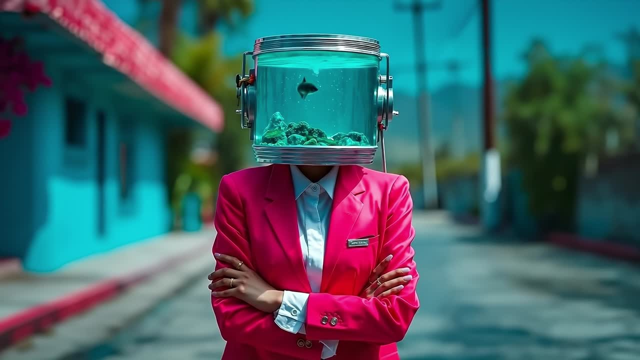 Una donna in tailleur rosa con un pesce in un barattolo sulla testa