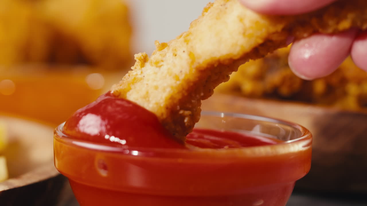 Crispy Fried Chicken Fingers Dipped in Ketchup