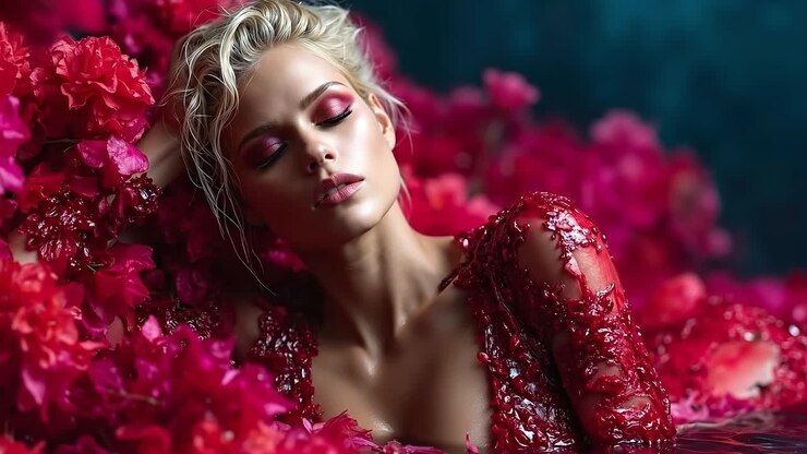 Una donna sdraiata su un letto di fiori rosa