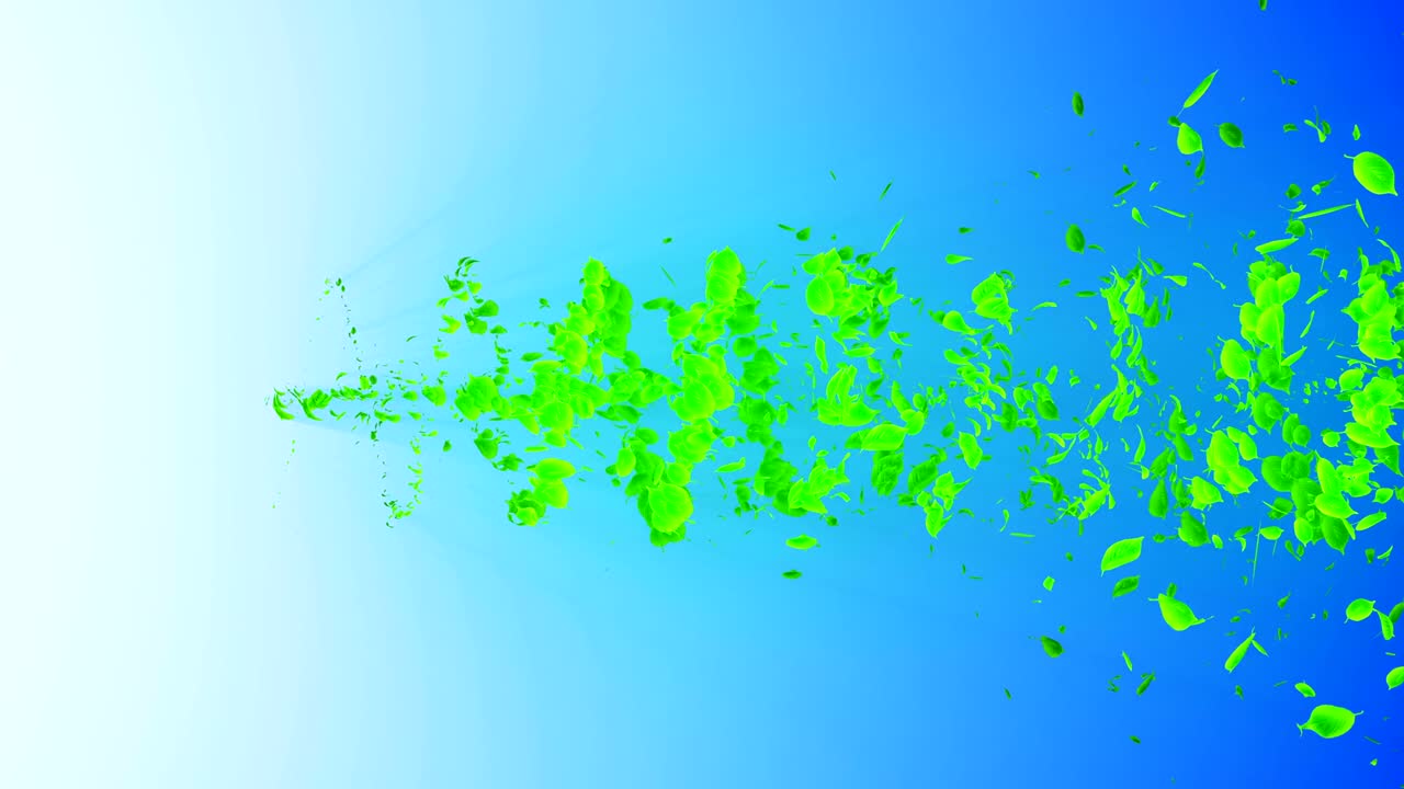 초록색 잎에서 나오는 소용돌이, 스피럴 모양의 반이는 계절 잎의 입자, 춤추는 잎, 다채로운 자연 터널 루프 애니메이션.