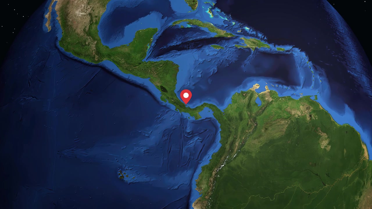Globo digital gira y hace zoom en Panamá con un pin de ubicación e información demográfica