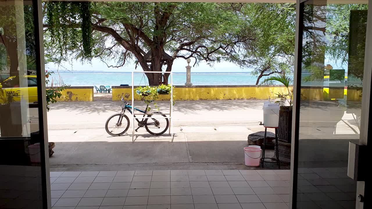 열대 섬 딜리, 동티모르, 동남아시아의 해변, 바다, 나무, 노란색 벽이 있는 해안가 도로를 따라 운전하는 밝은 노란색 택시