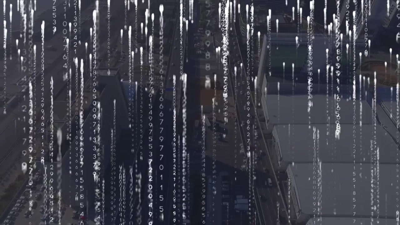 Animation of data processing over cityscape