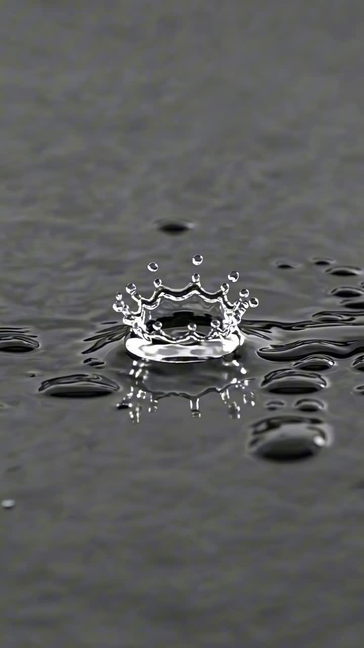 Video close-up tetesan air yang menciptakan percikan mahkota pada permukaan reflektif.