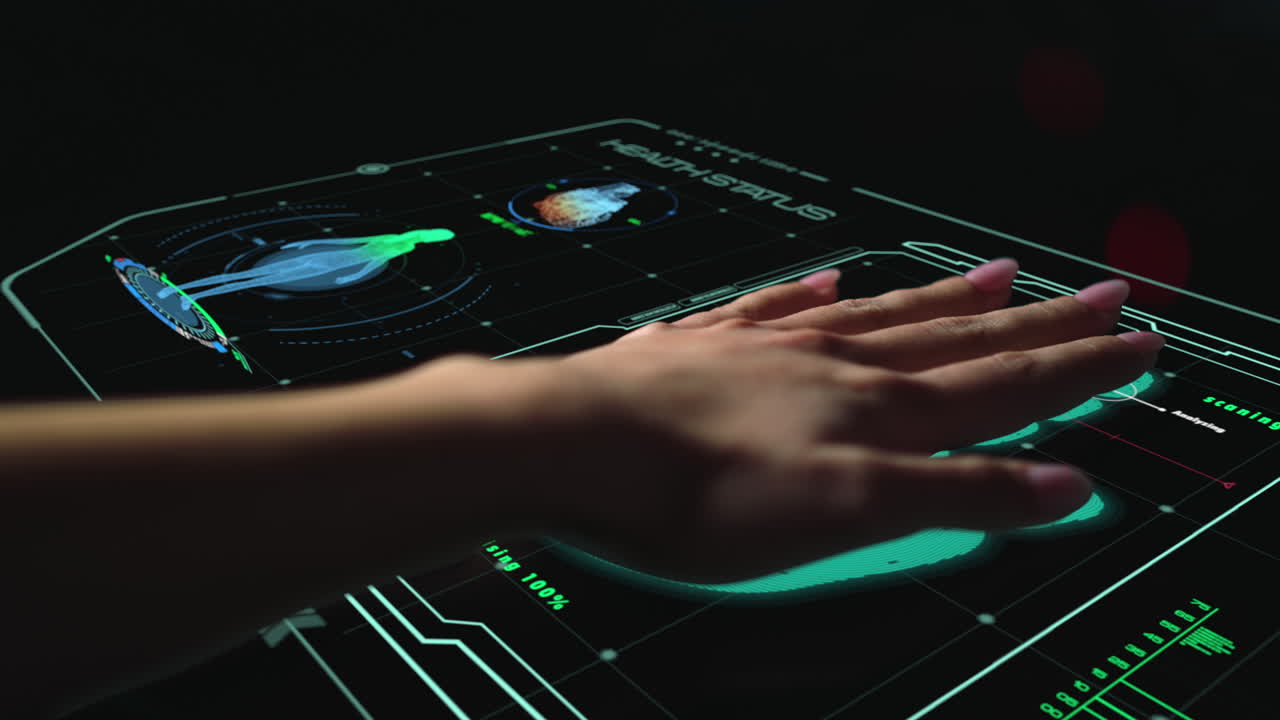 미래의 의료 생체 측정 스캐너가 손 검사 건강 수준 클로즈업을 분석합니다.