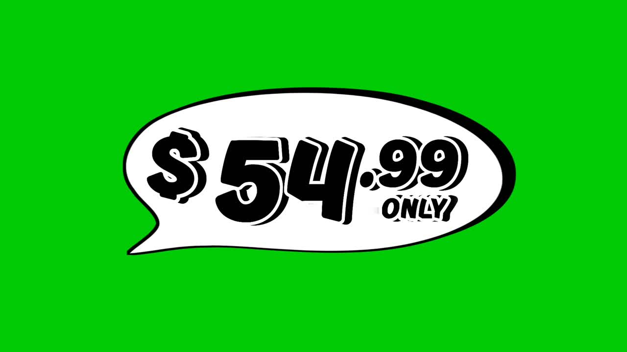 Animated $54.99 price tag in speech bubble motion graphics on green screen background. Perfect for ads, e-commerce, retail, discounts, and promotion business concept video element