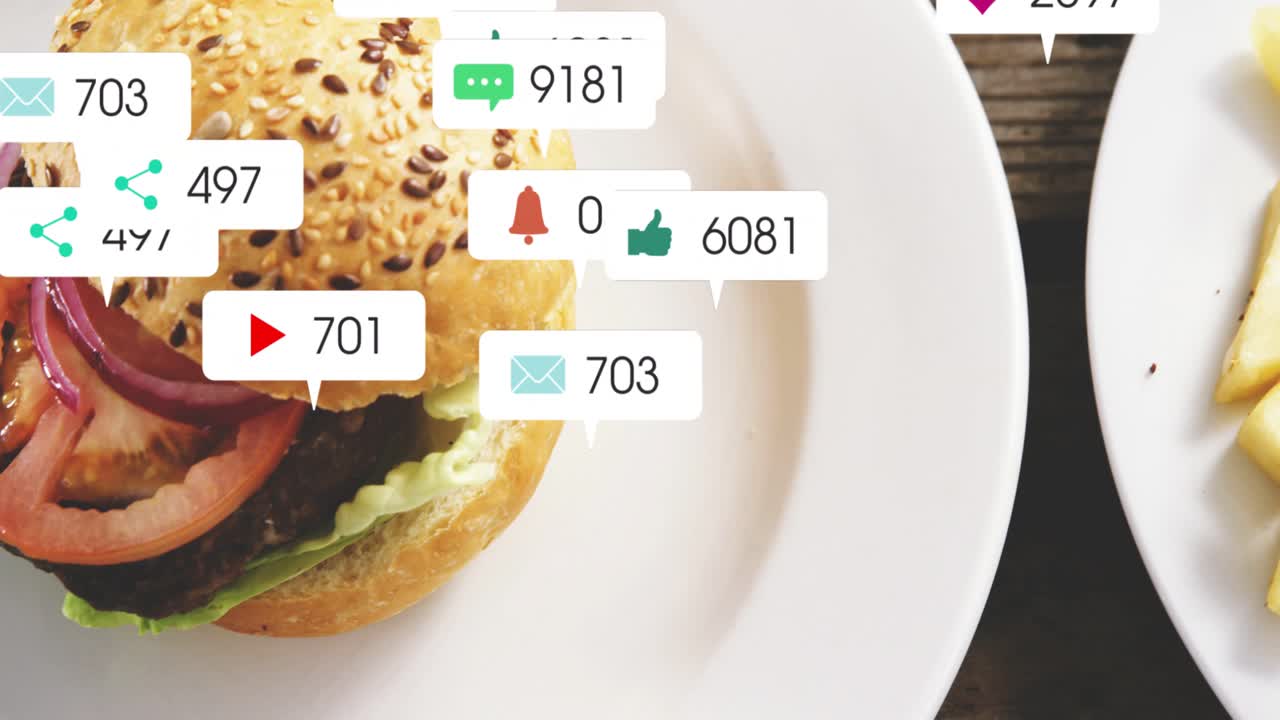 Badges multiplying and drifting over plated meal after notification burst, signaling engagement