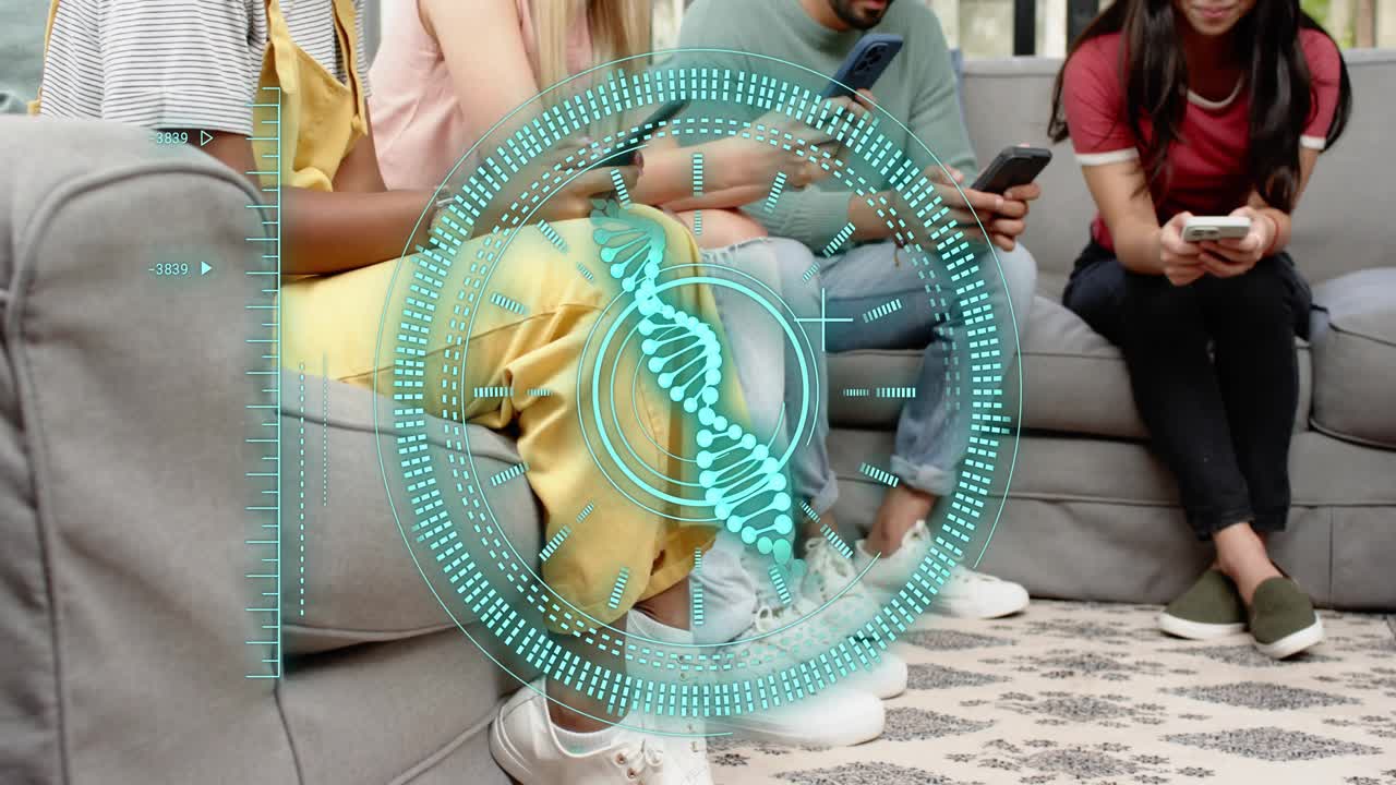Five adults sitting on sofa, tapping phones and activating turquoise DNA HUD, viewing health data