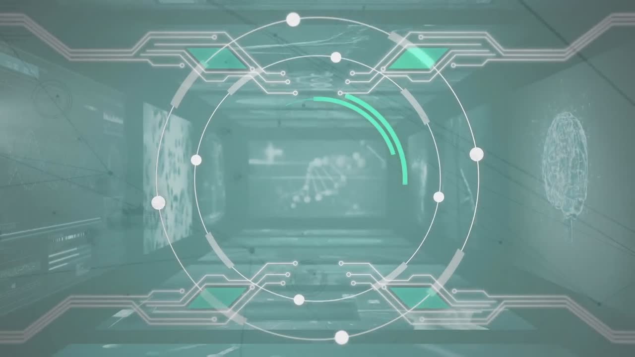 검은 바탕에서 범위 스캐닝과 데이터 처리에 대한 연결 네트워크의 애니메이션