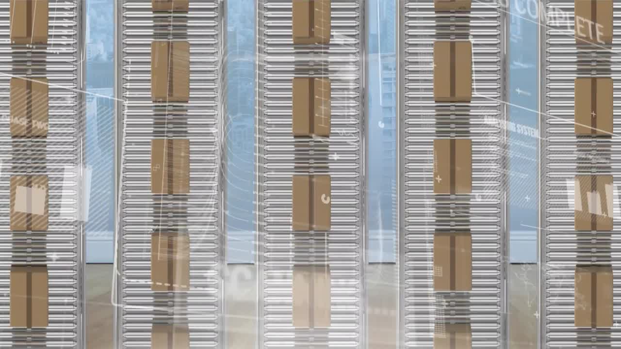 animación del procesamiento de estadísticas sobre cajas de cartón en cintas transportadoras
