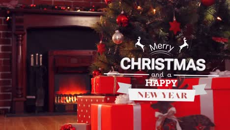 Animación-De-Texto-De-Feliz-Navidad-Sobre-Regalos-Y-árbol-De-Navidad
