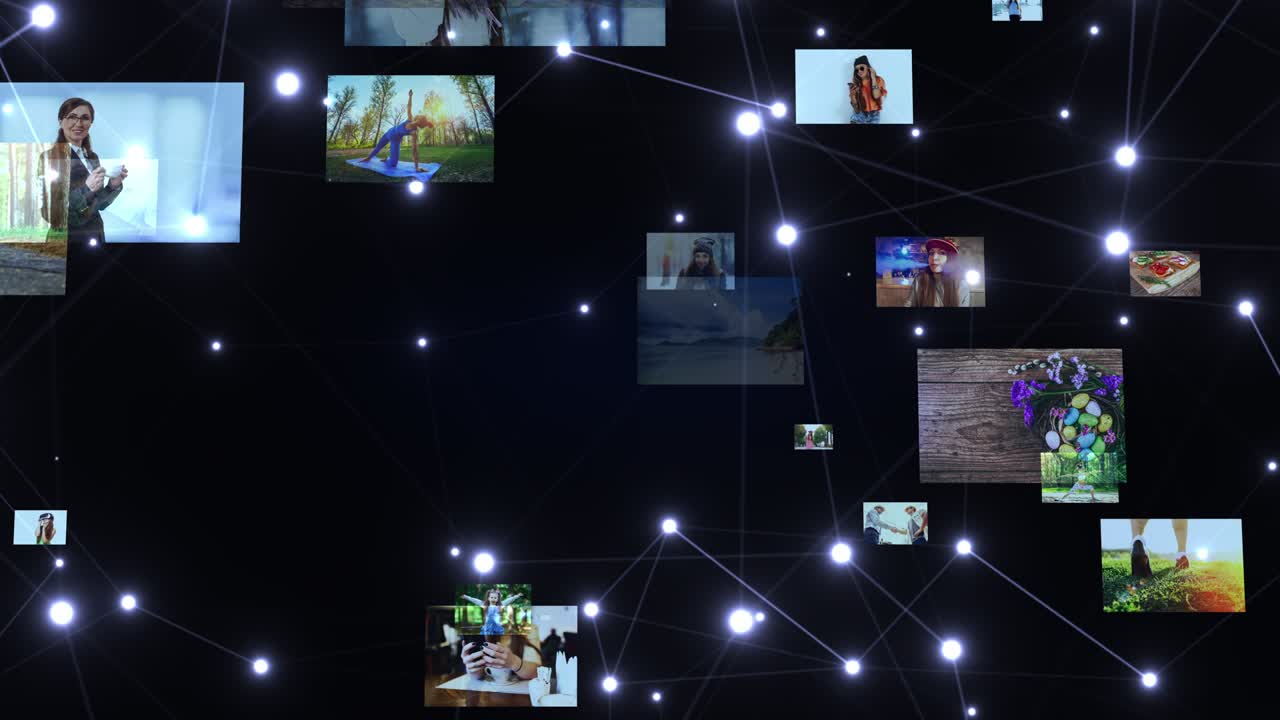 홀로그램: 떠다니는 사진, 사이버 공간의 그림, 디지털 호스팅 서비스, 시각 콘텐츠 개념, 소셜 네트워킹 서비스