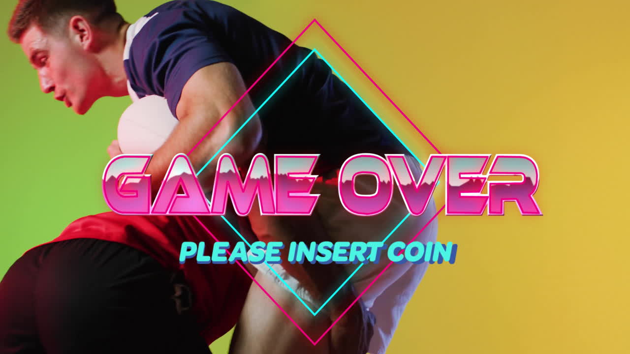 Animation of game over diverse male rugby players on yellow background