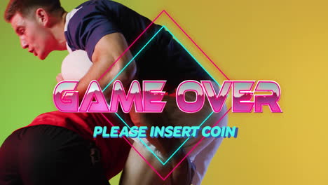 animation of game over diverse male rugby players on yellow background