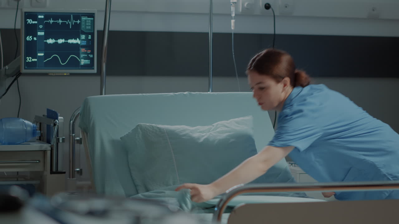 Medical nurse preparing hospital ward bed with pillow and blanket