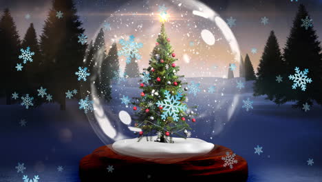 animación de nieve cayendo sobre el paisaje de invierno y globo de nieve con árbol de navidad