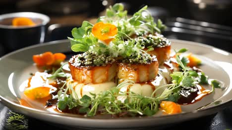 gourmet dish of seared scallops with microgreens and vibrant garnishes