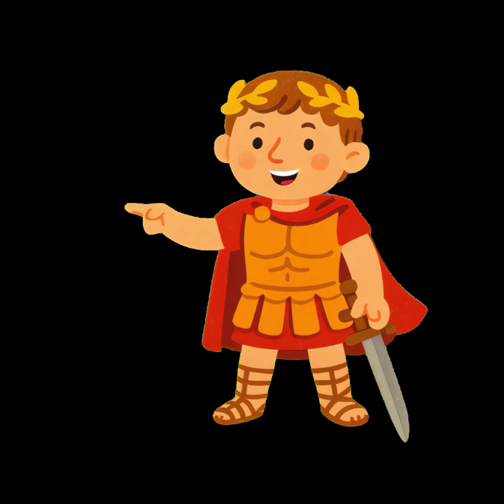 Personaje animado de soldado romano señalando y sosteniendo una espada