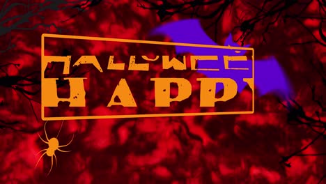 digital animation of happy halloween text banner and bat icon against red background