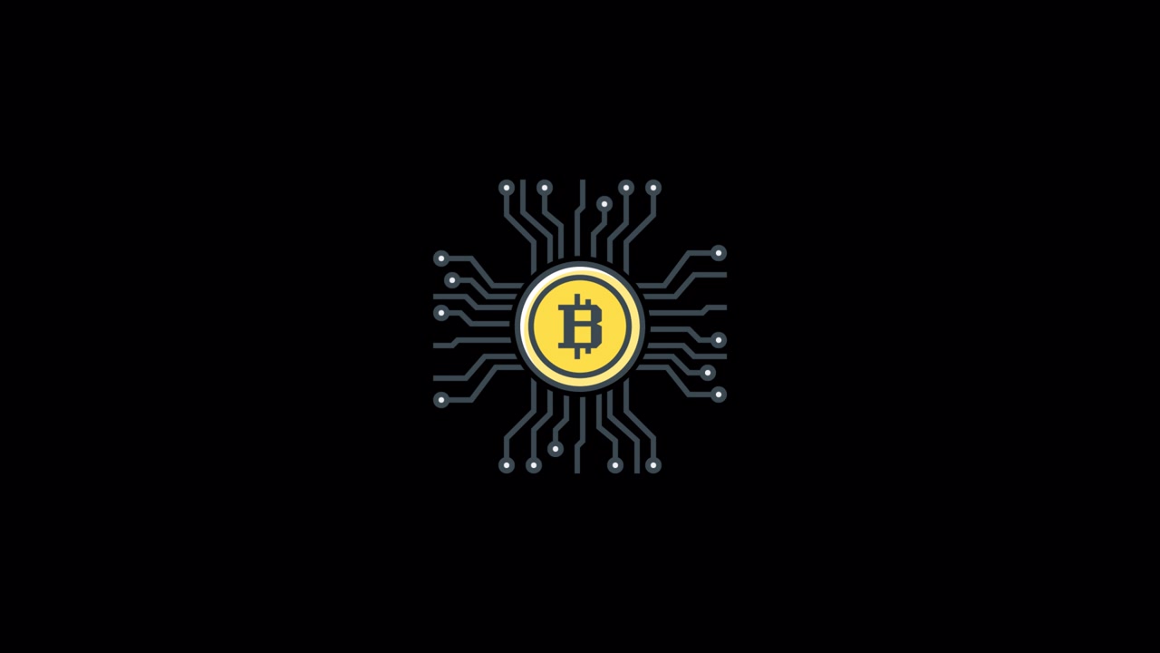Simbolo Bitcoin animato con circuito stampato in espansione su sfondo nero