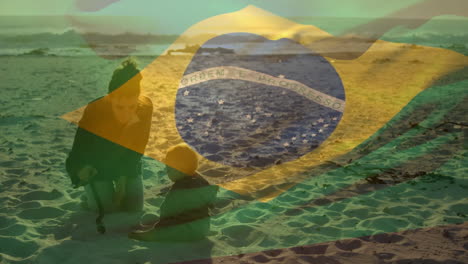 animation of flag of brazil over caucasian mother playing with baby