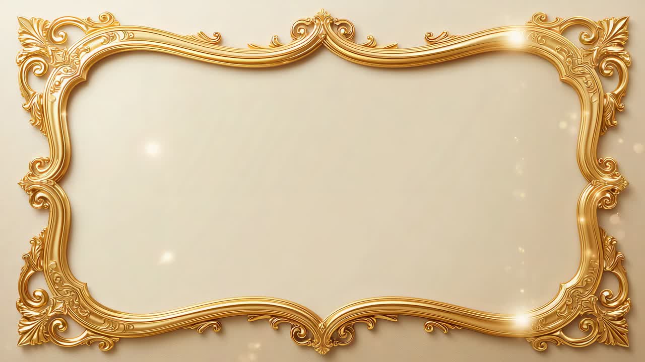 Soft glow starting, ornate gold frame displaying moving sparkles on cream panel for display