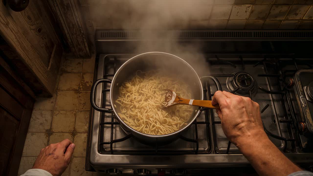 Inserting spoon into boiling pot, cook's hand stirring curly noodles on gas burner for even cooking