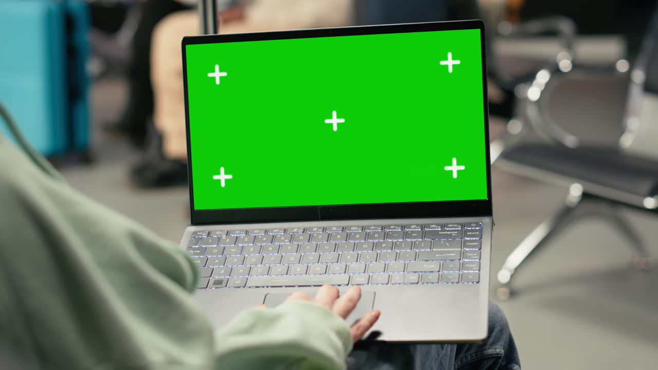Person Typing on Laptop with Green Screen in Airport Waiting Area