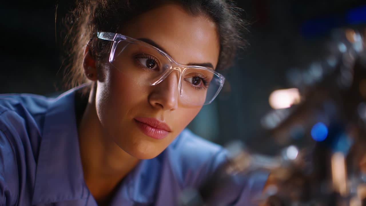 A focused female engineer in safety glasses examines intricate machinery, showcasing determination and expertise in advanced technology and innovation. Her dedication reflects the essence of modern engineering