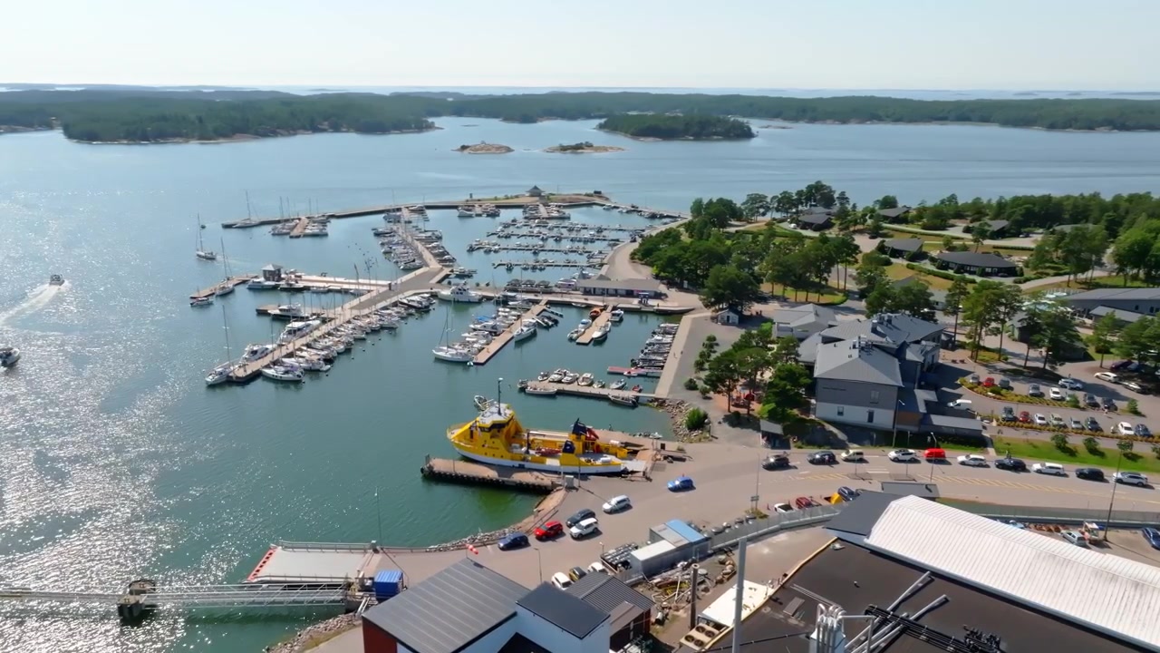 Aerial view overlooking the Kasnas holiday resort and marina, summer in Finland